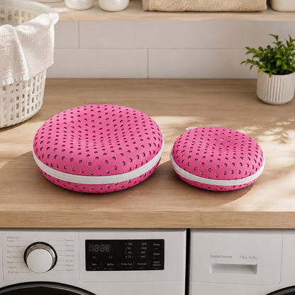 Round laundry wash bags near washing machine