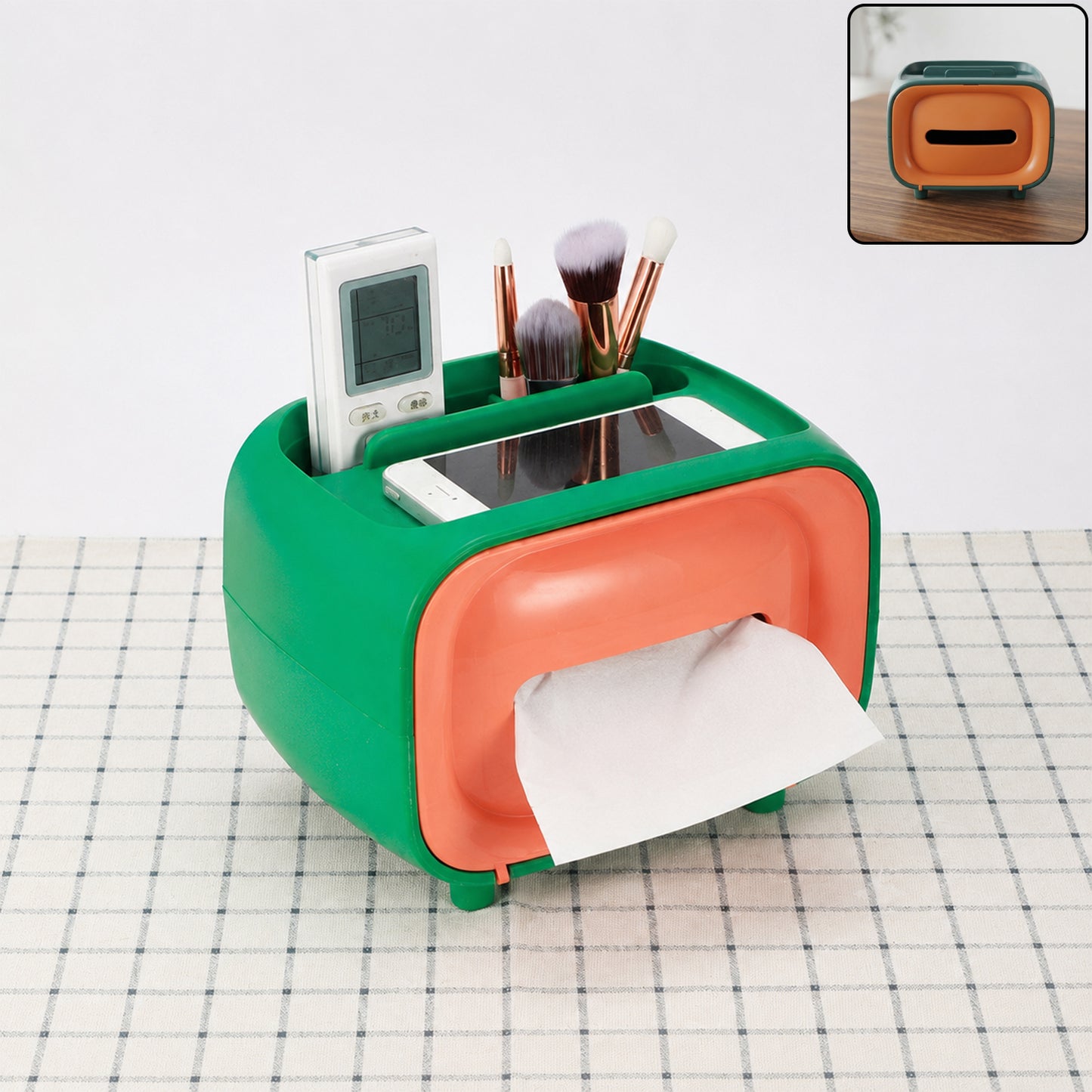 Plastic desktop tissue storage box front view