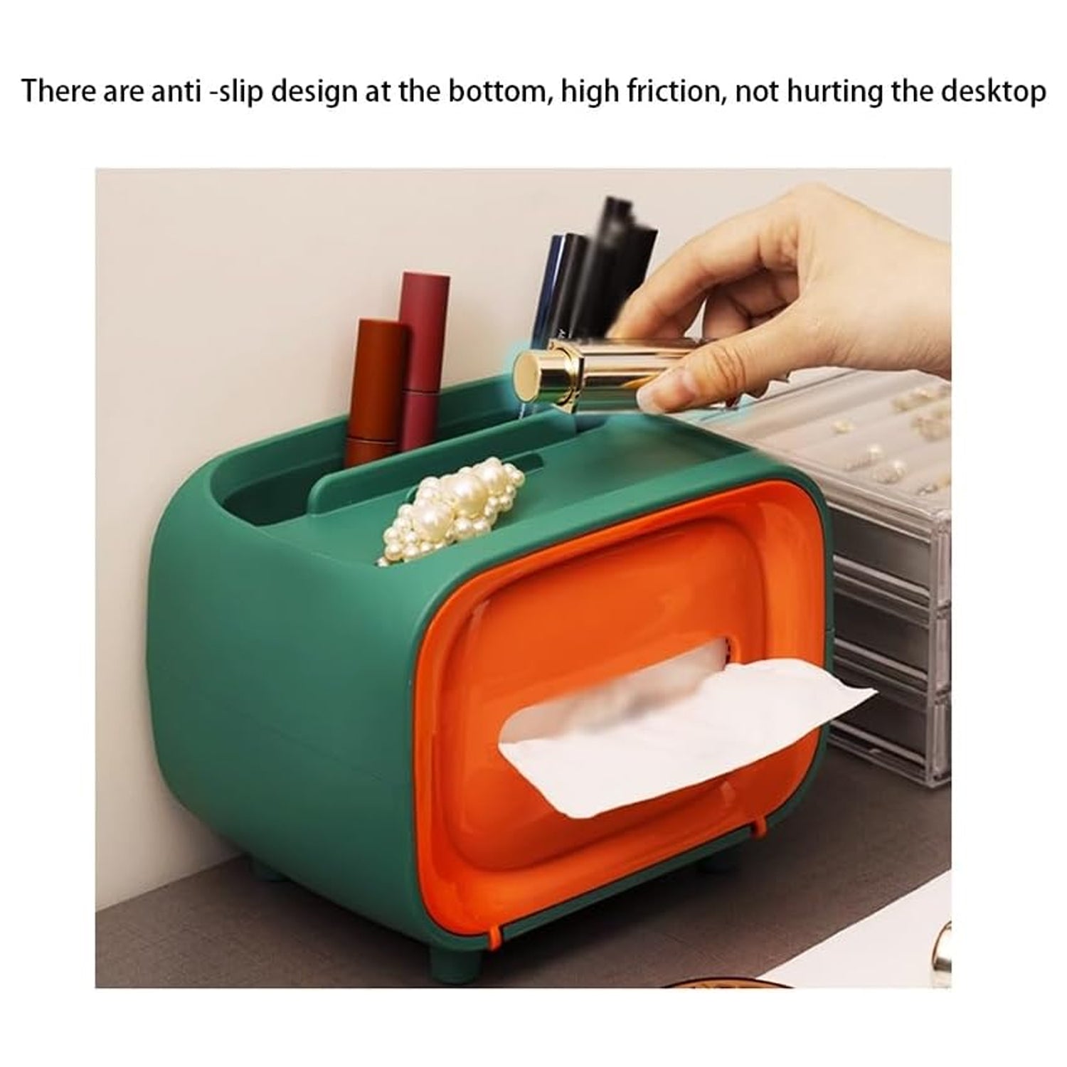 Desktop tissue box with top organizer