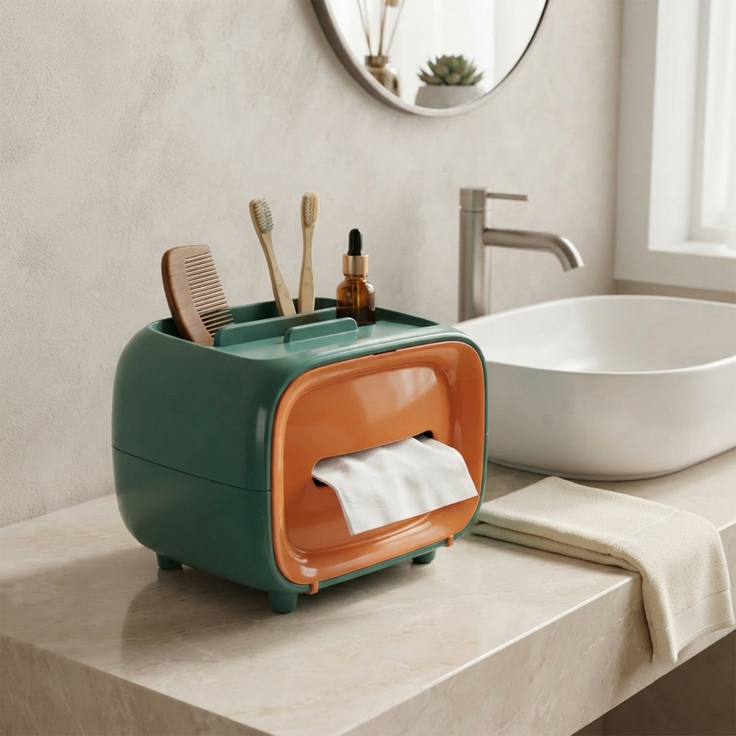 Desktop tissue holder lifestyle use