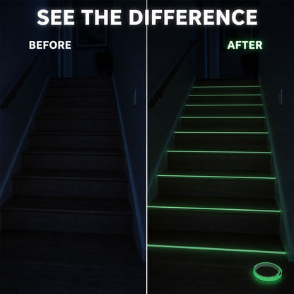 Stairway before and after glow tape application