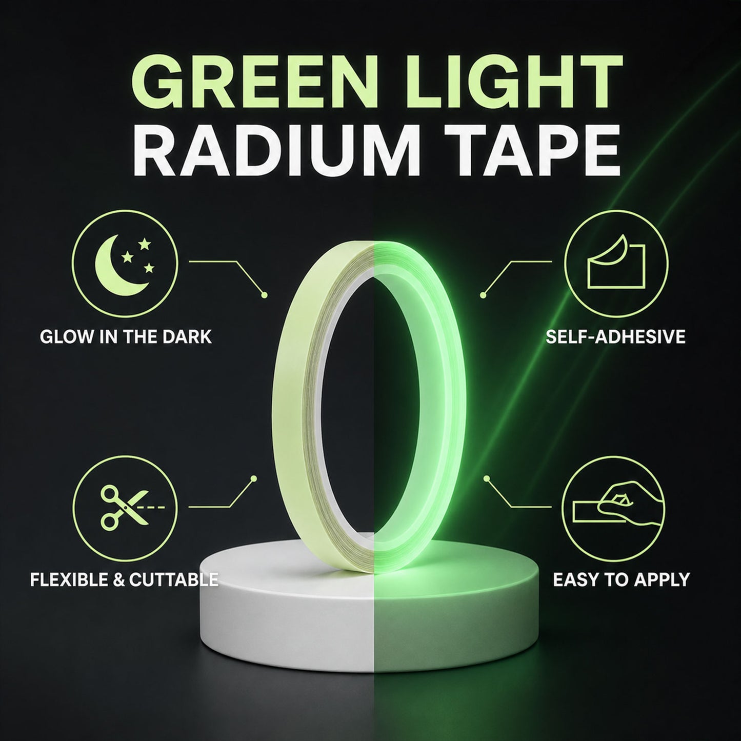 Green fluorescent self adhesive glow tape features