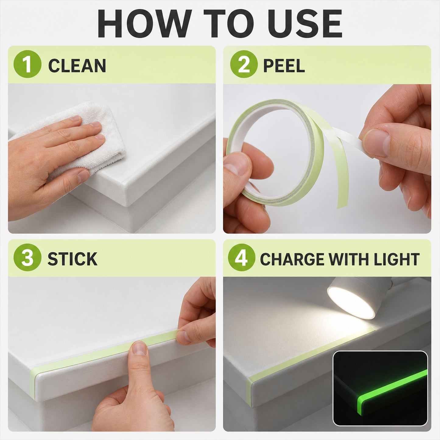 Steps for applying glow in the dark fluorescent tape