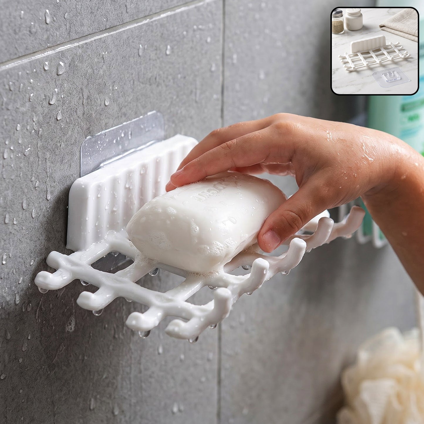 Wall mounted plastic soap dish bathroom usage view
