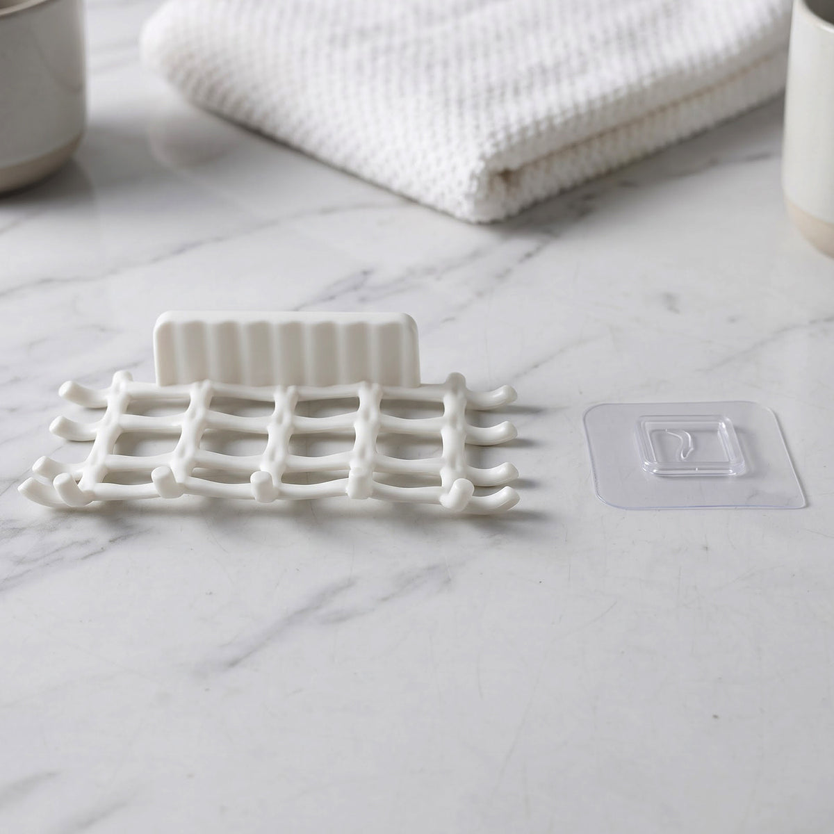 Plastic soap rack and adhesive mount view