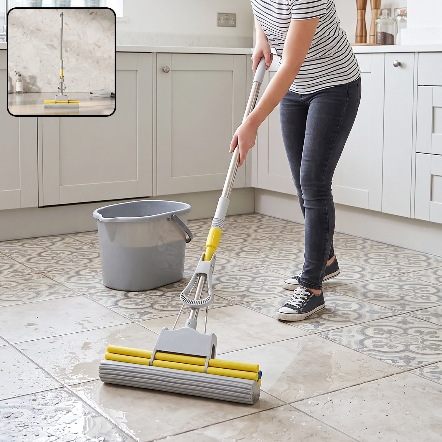 Sponge floor mop with telescopic handle usage view