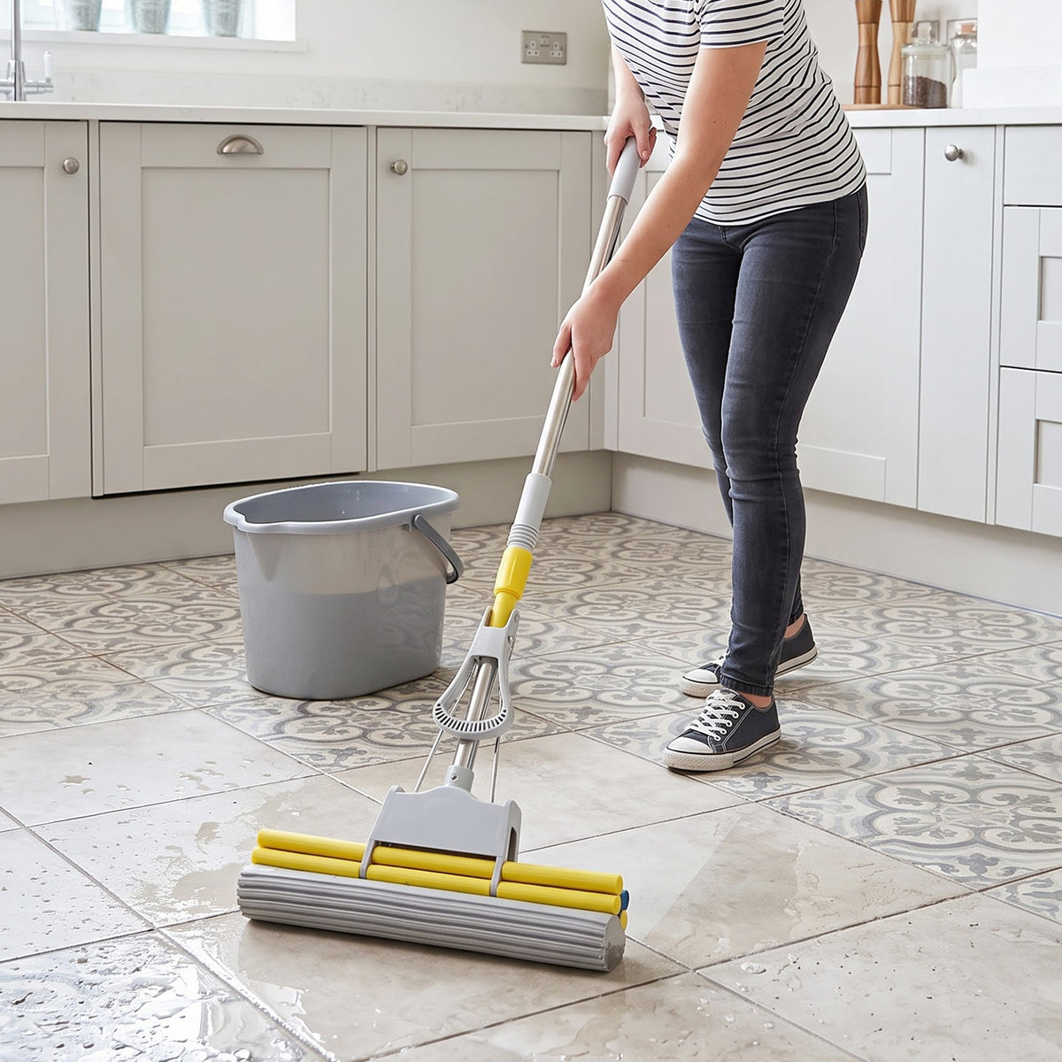 Steel handle sponge mop floor cleaning view