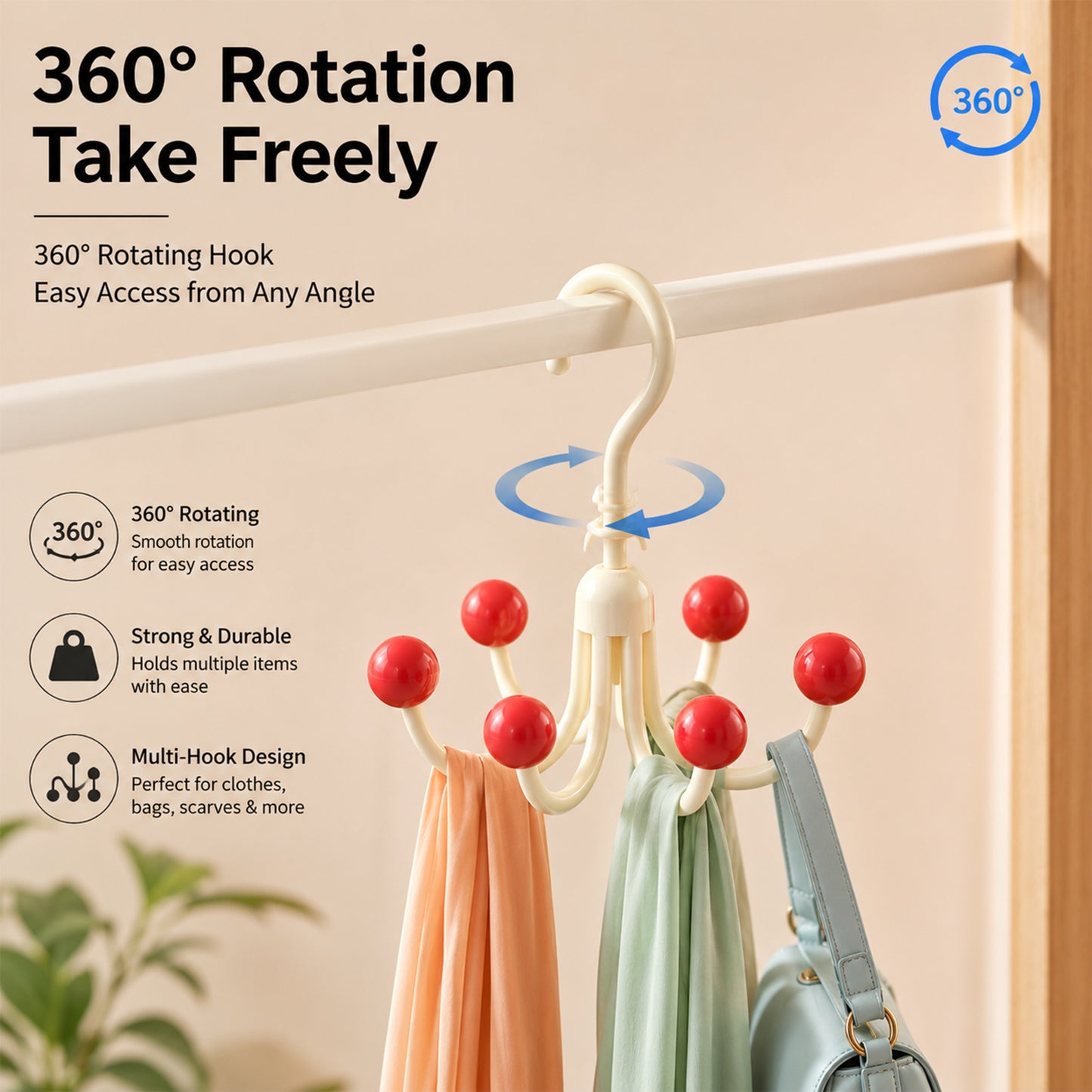 360 degree rotating hanger hook features