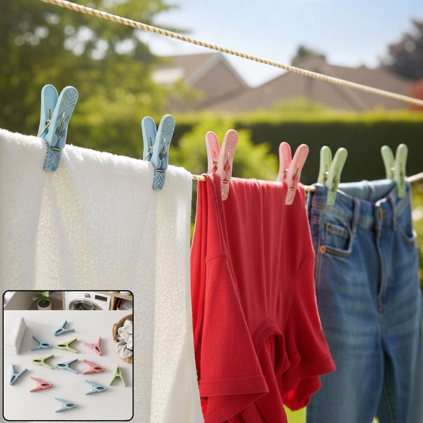 Plastic drying clothes clips in use on laundry line