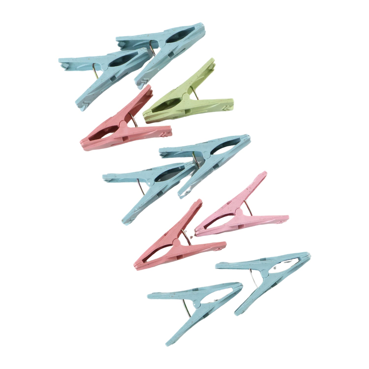 Plastic clothes clips on white background