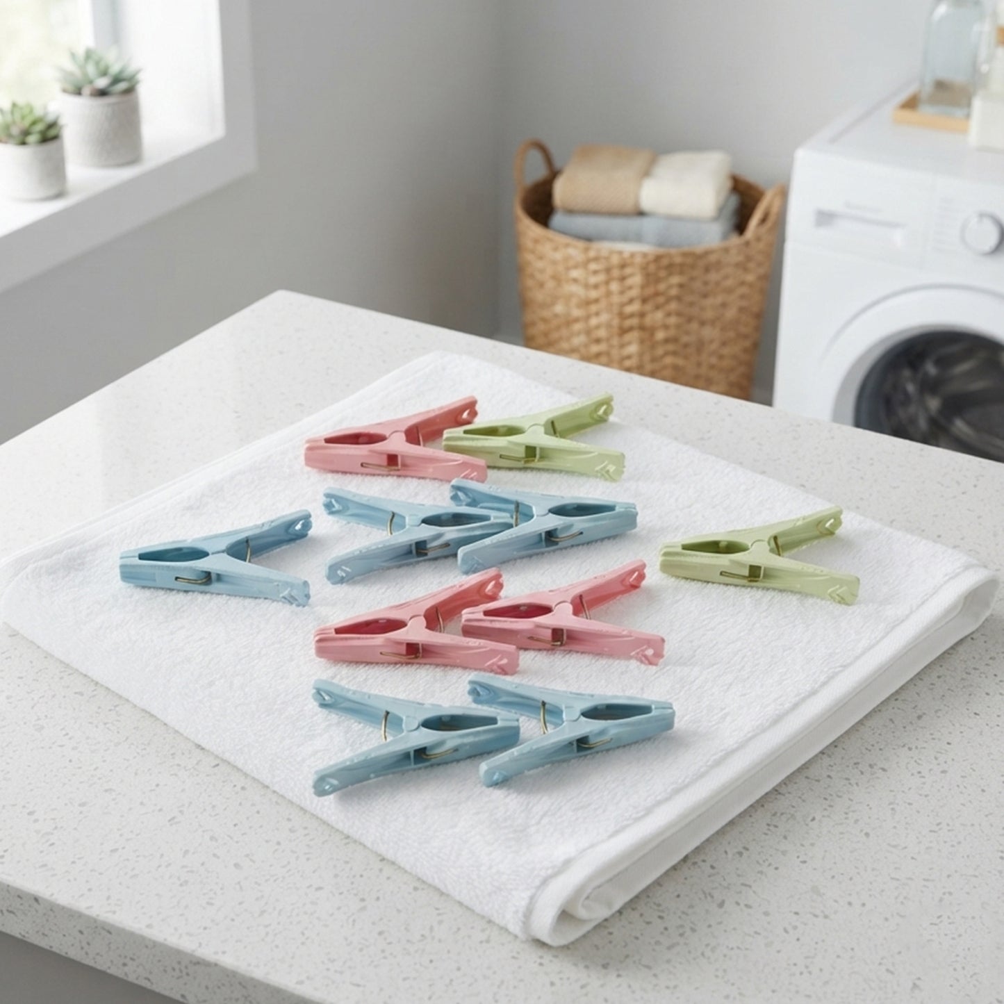 Clothes clips arranged in laundry room