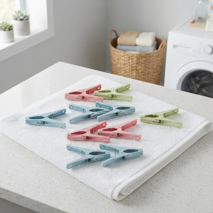 Clothes clips arranged in laundry room