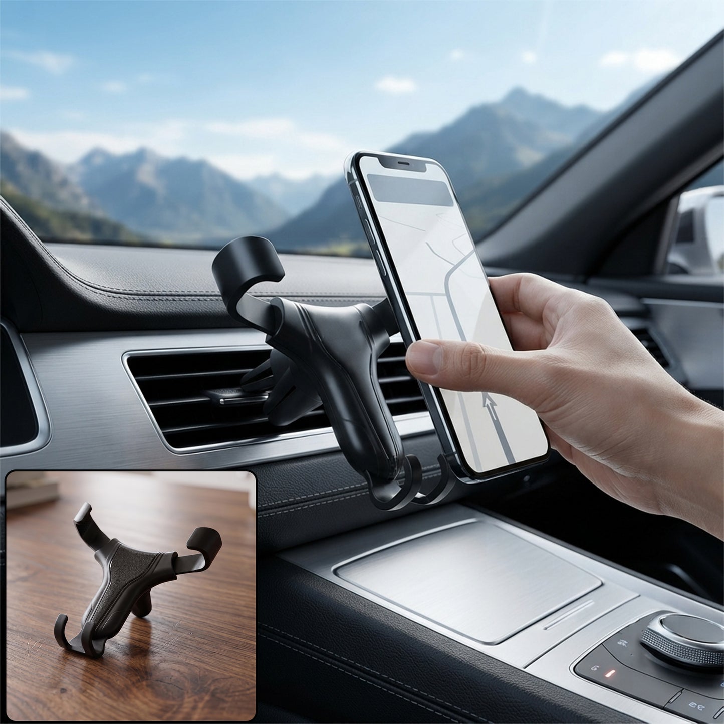 Universal adjustable car phone holder in use