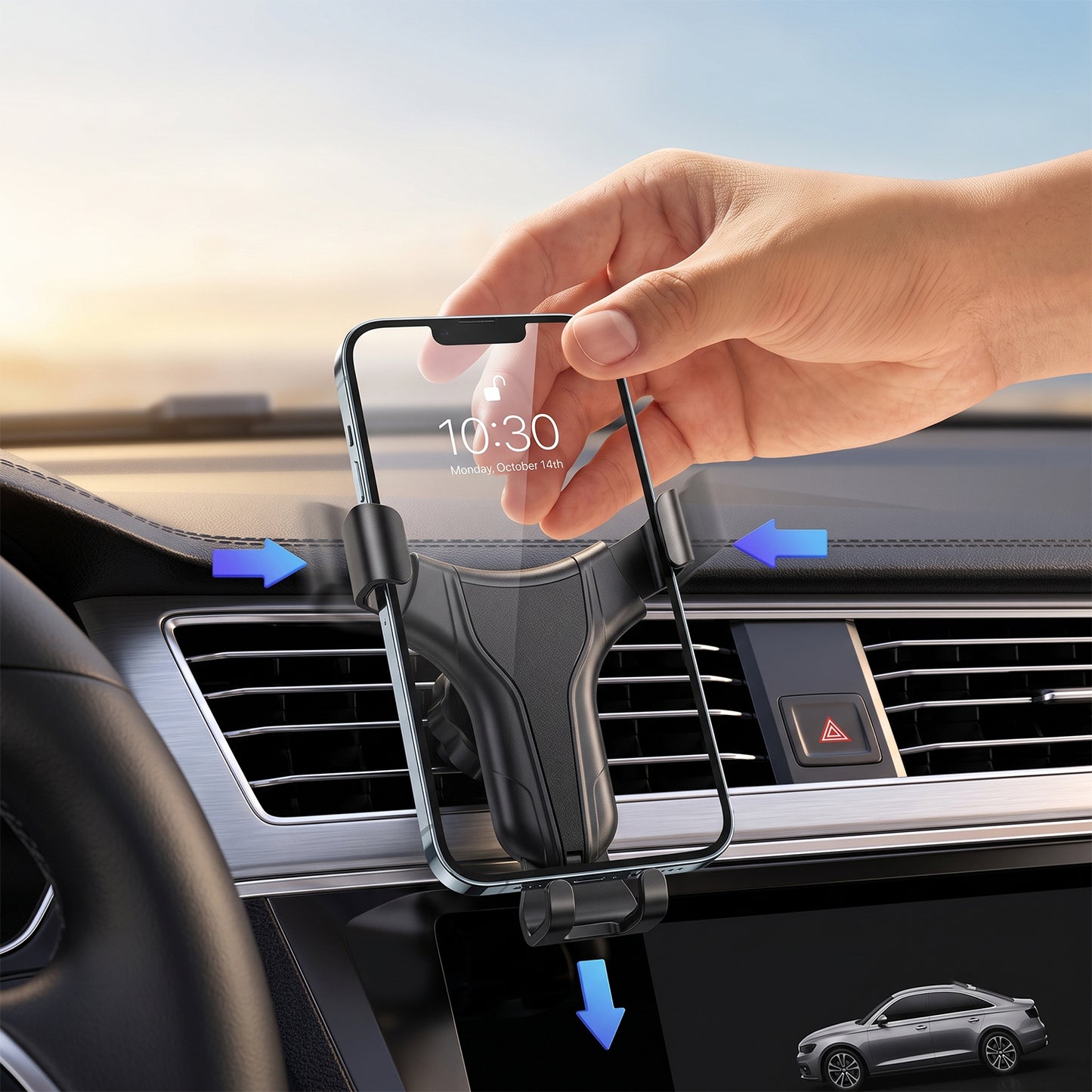Gravity lock car phone holder installation