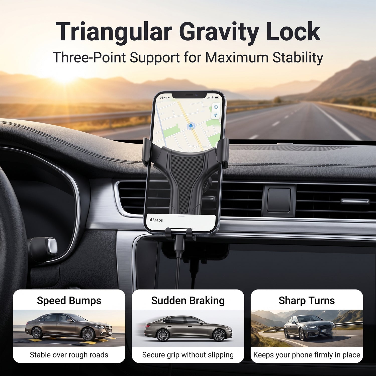 Triangular gravity lock phone support