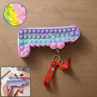 Pop It silicone pencil pouch with pastel colors, featuring push bubble fidget toy.