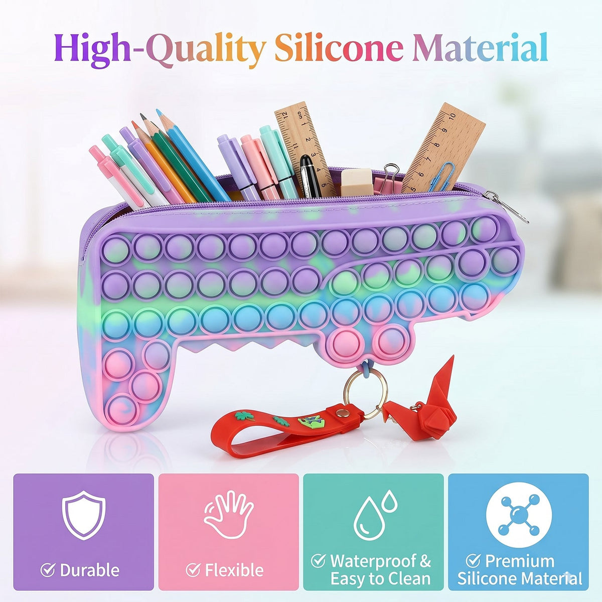 Details of the pastel mix colors and secure zip closure of silicone stationery pouch.