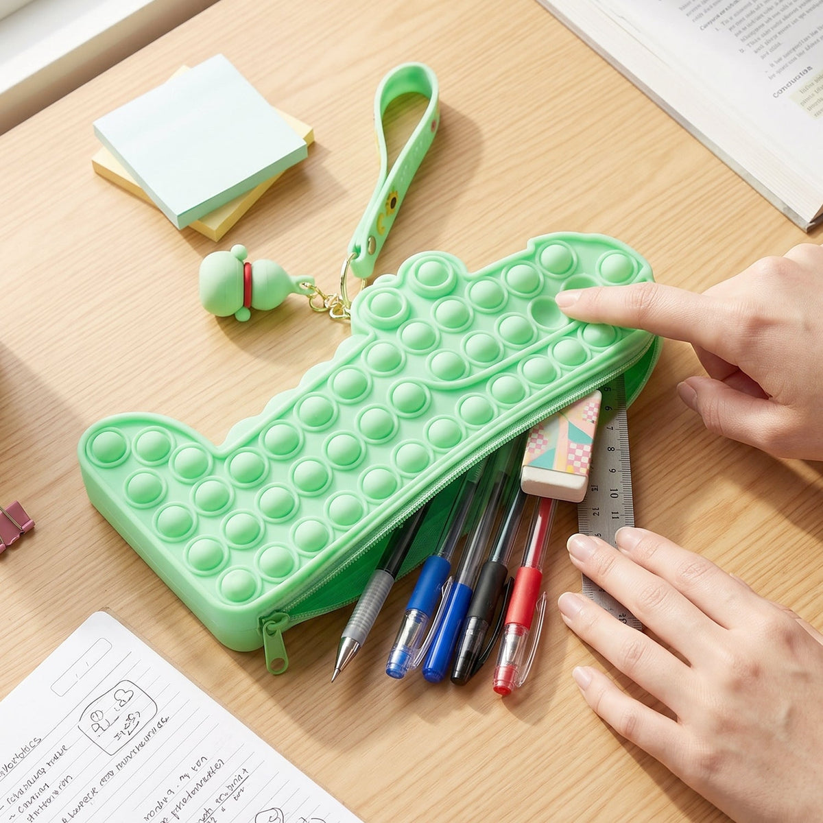 Kids happily using the pastel silicone fidget pencil pouch for school activities.