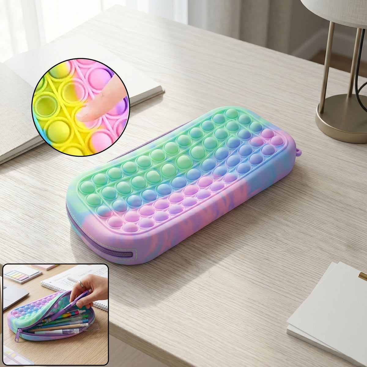 Pop It Silicone Pencil Pouch in pastel colors, showing the large capacity and push bubble design
