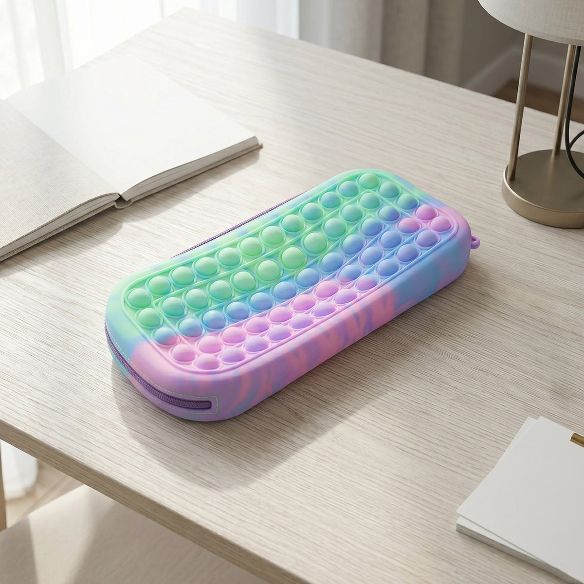 Travel-friendly silicone pop it pencil pouch on a school desk