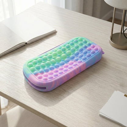 Travel-friendly silicone pop it pencil pouch on a school desk