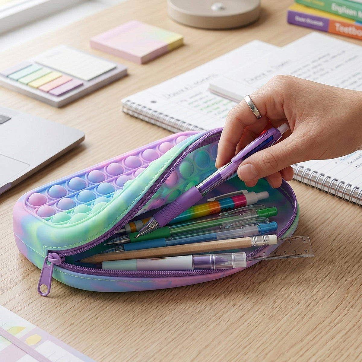 Close-up of the soft silicone material and push pop bubbles on the pencil pouch