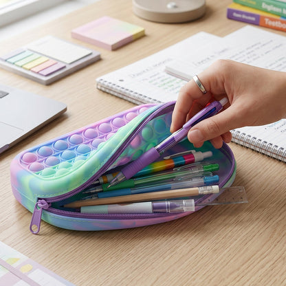 Close-up of the soft silicone material and push pop bubbles on the pencil pouch