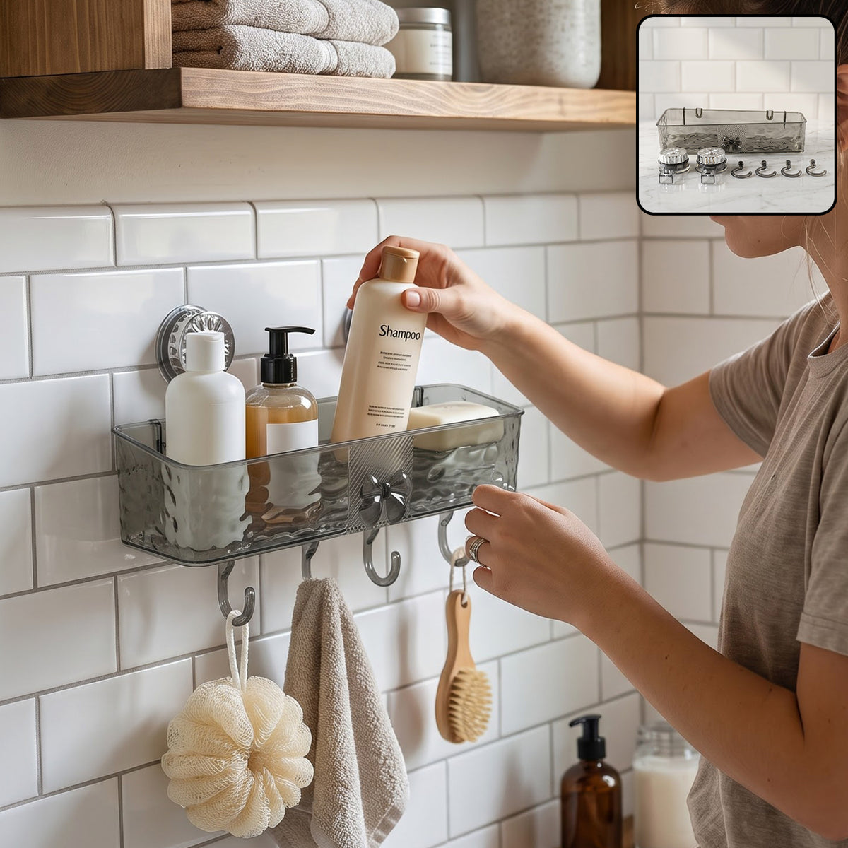 Wall mounted bathroom shelf in use