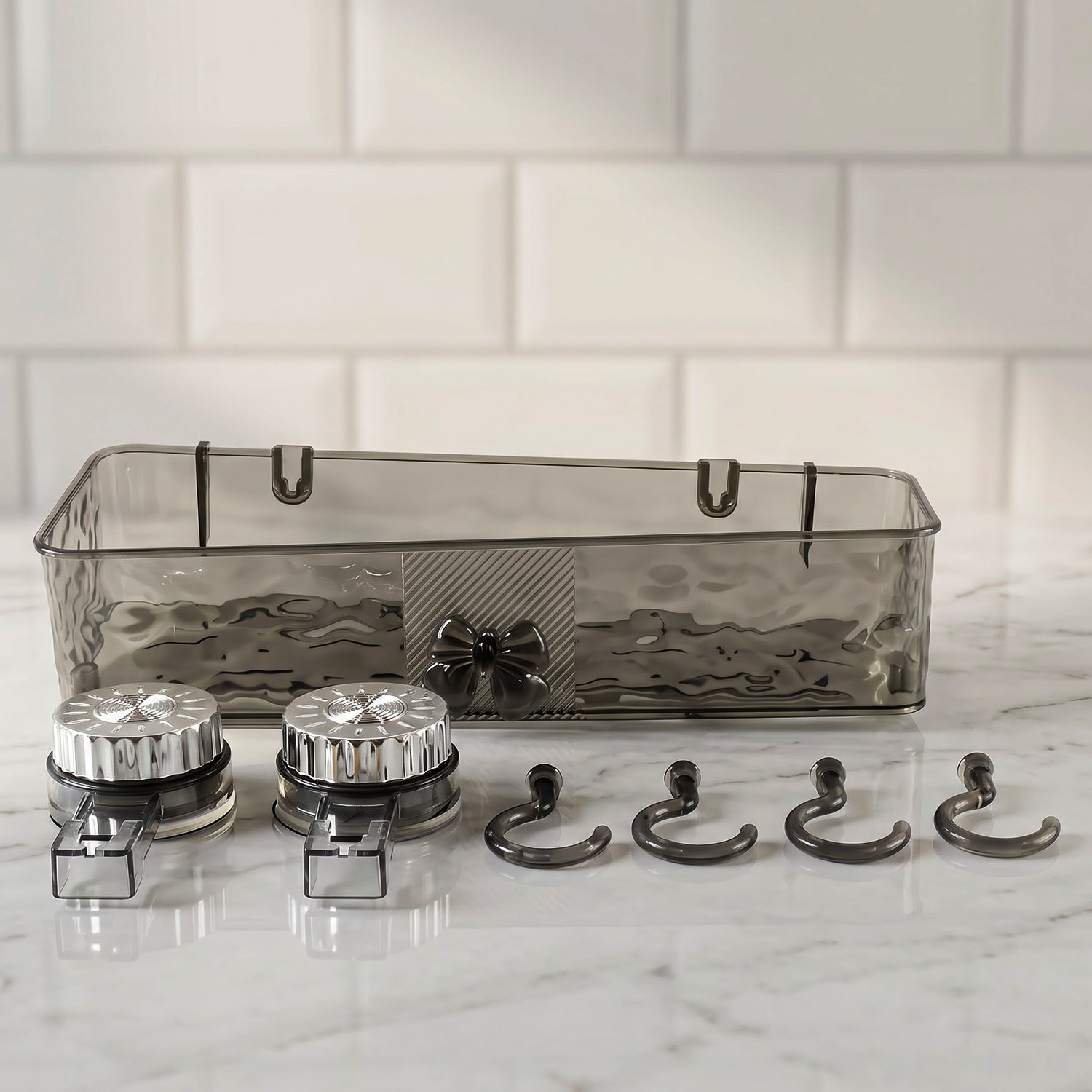 Bathroom storage shelf set with suction mounts and hooks