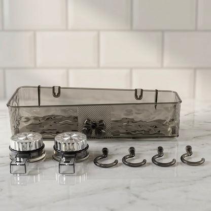 Bathroom storage shelf set with suction mounts and hooks