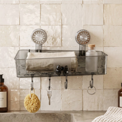 Suction cup bathroom shelf holding essentials
