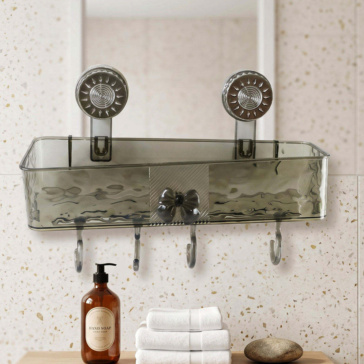 Bathroom organizer shelf with hanging hooks