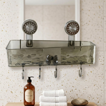 Bathroom organizer shelf with hanging hooks