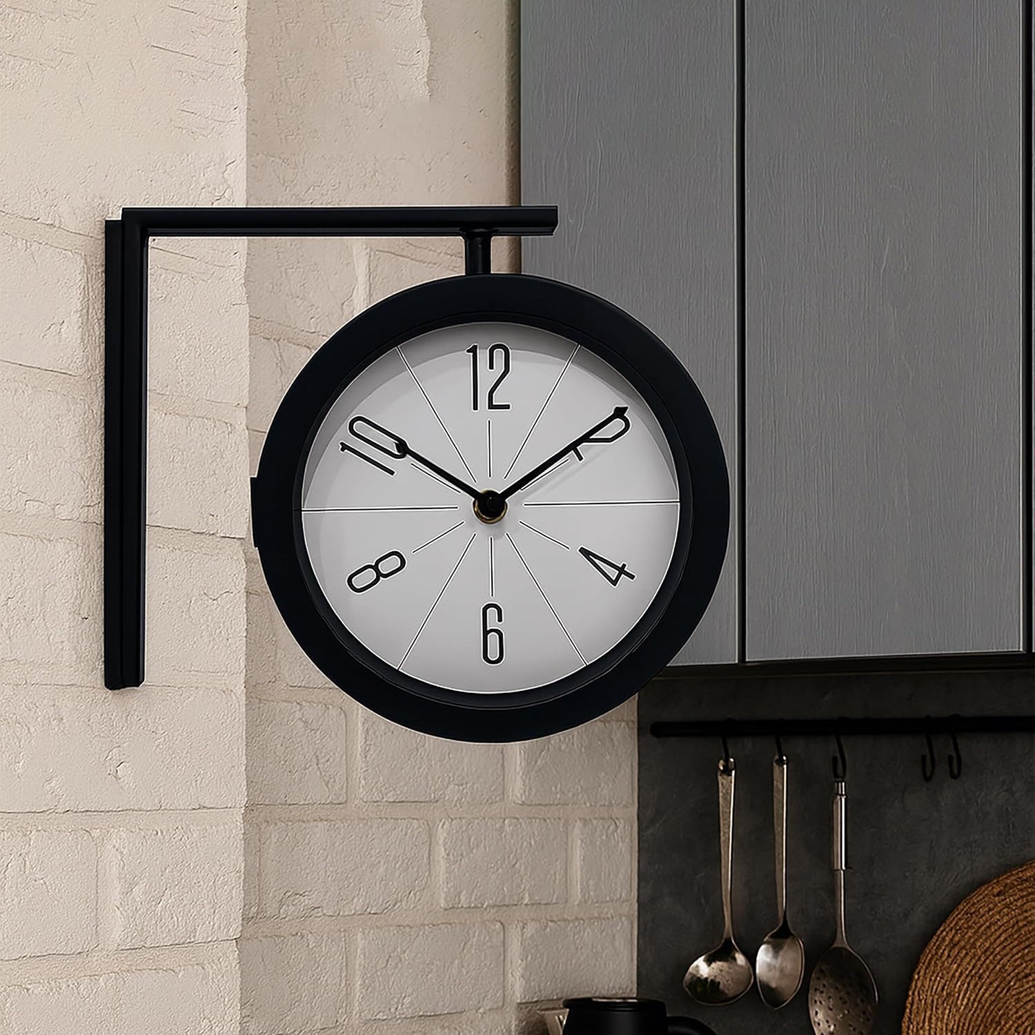 Round wall clock mounted in kitchen