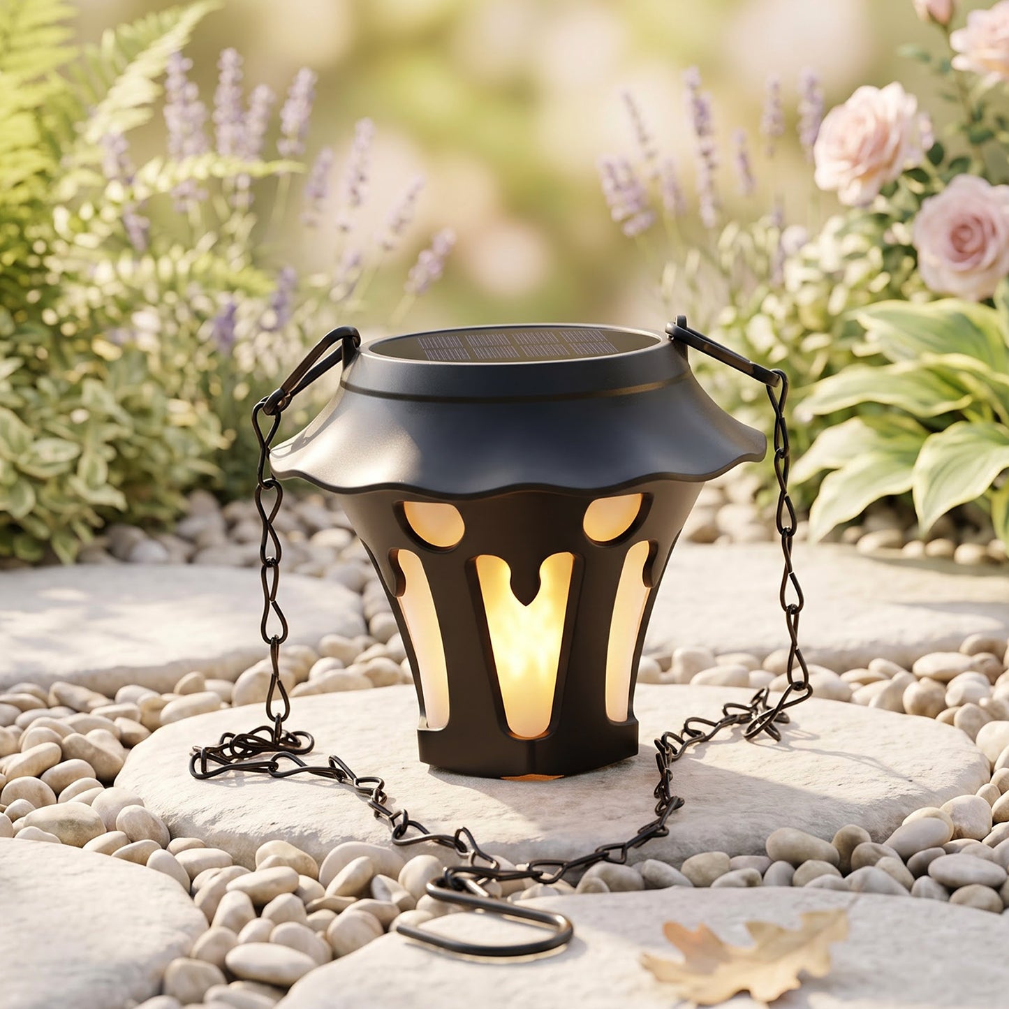 Black solar lantern with hanging chain and hook
