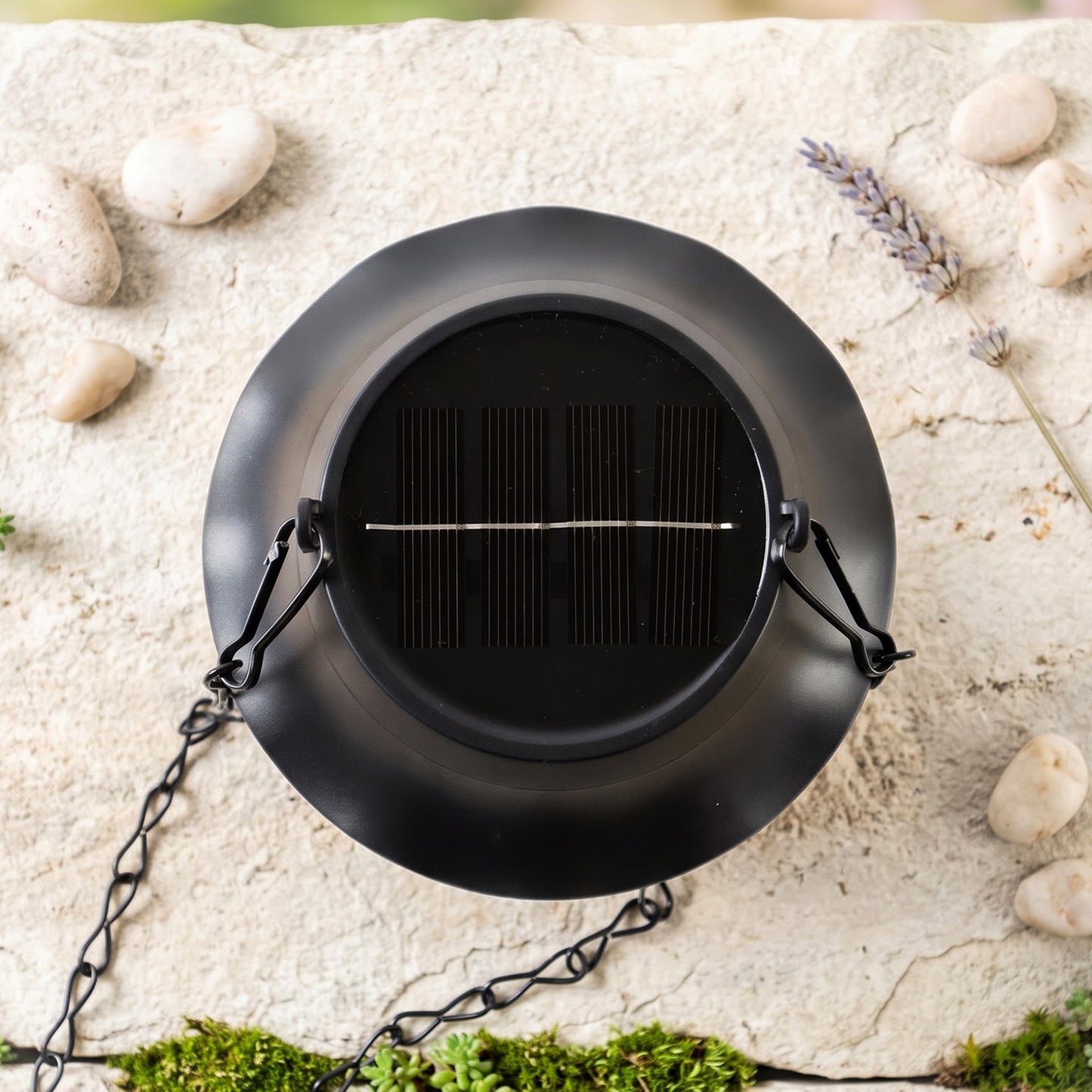 Top solar panel detail of outdoor lantern