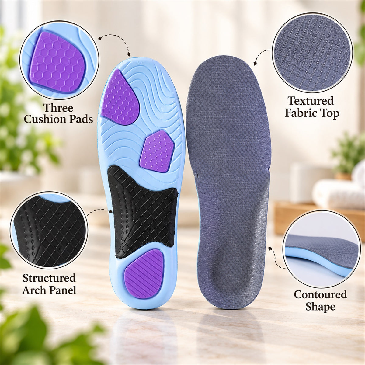 Cushioned shoe insoles support features