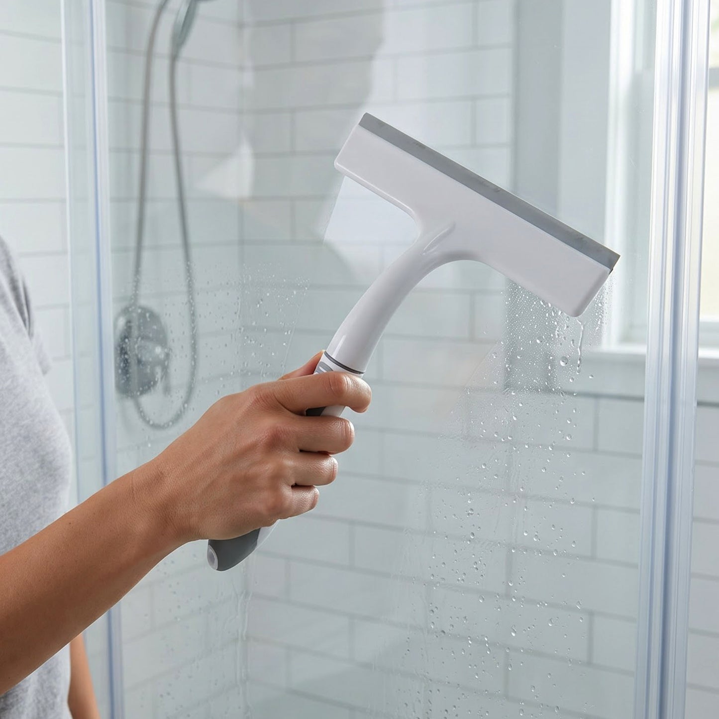 Shower glass squeegee in use