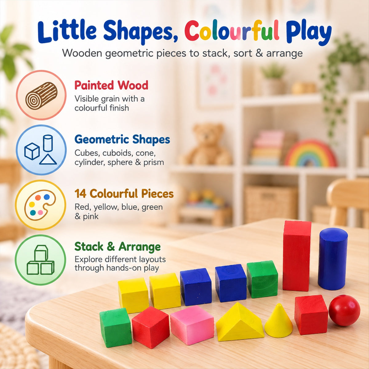 Wooden geometric shapes learning blocks fourteen piece set 05