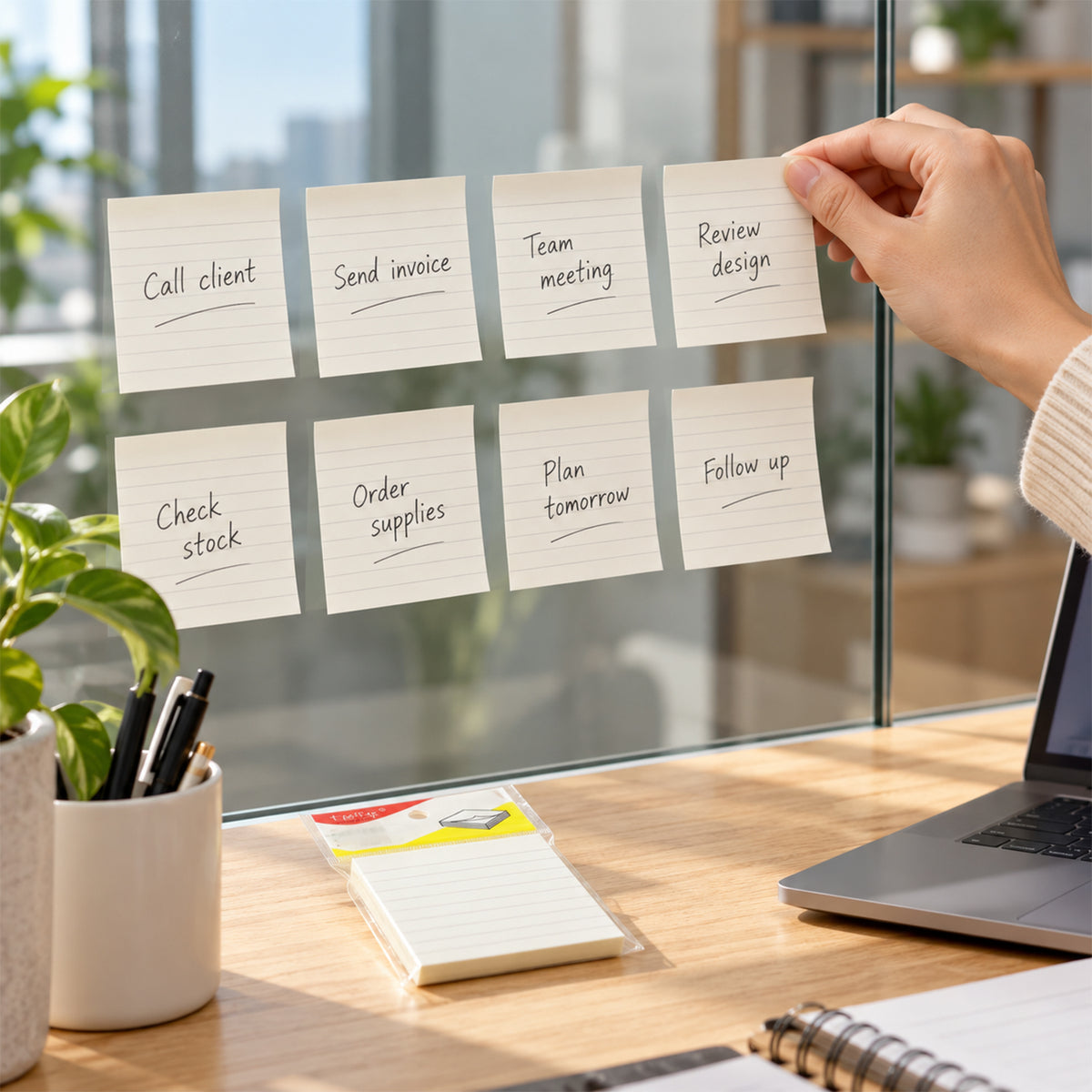 Lined self adhesive sticky notes three inch square hundred pages 01