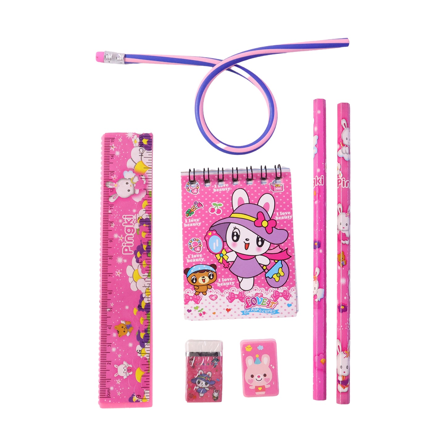 Flexible pencil from pink stationery set