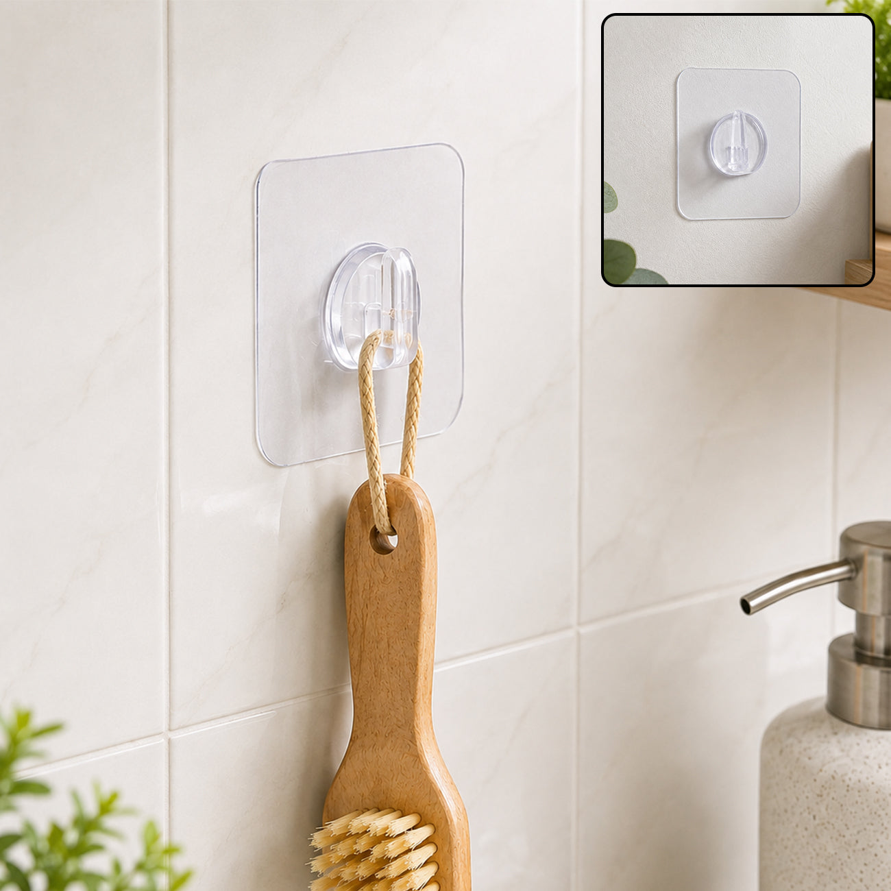 A clear self-adhesive wall hook on white tiled wall, holding a wooden brush with a rope loop.