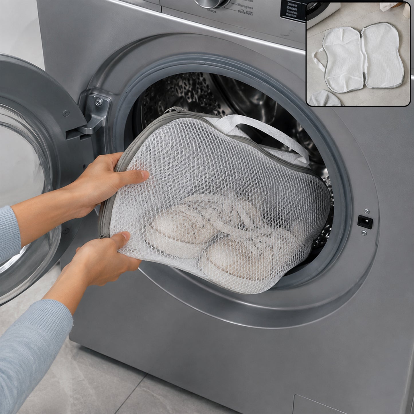 Reusable mesh laundry shoe wash bag lifestyle view