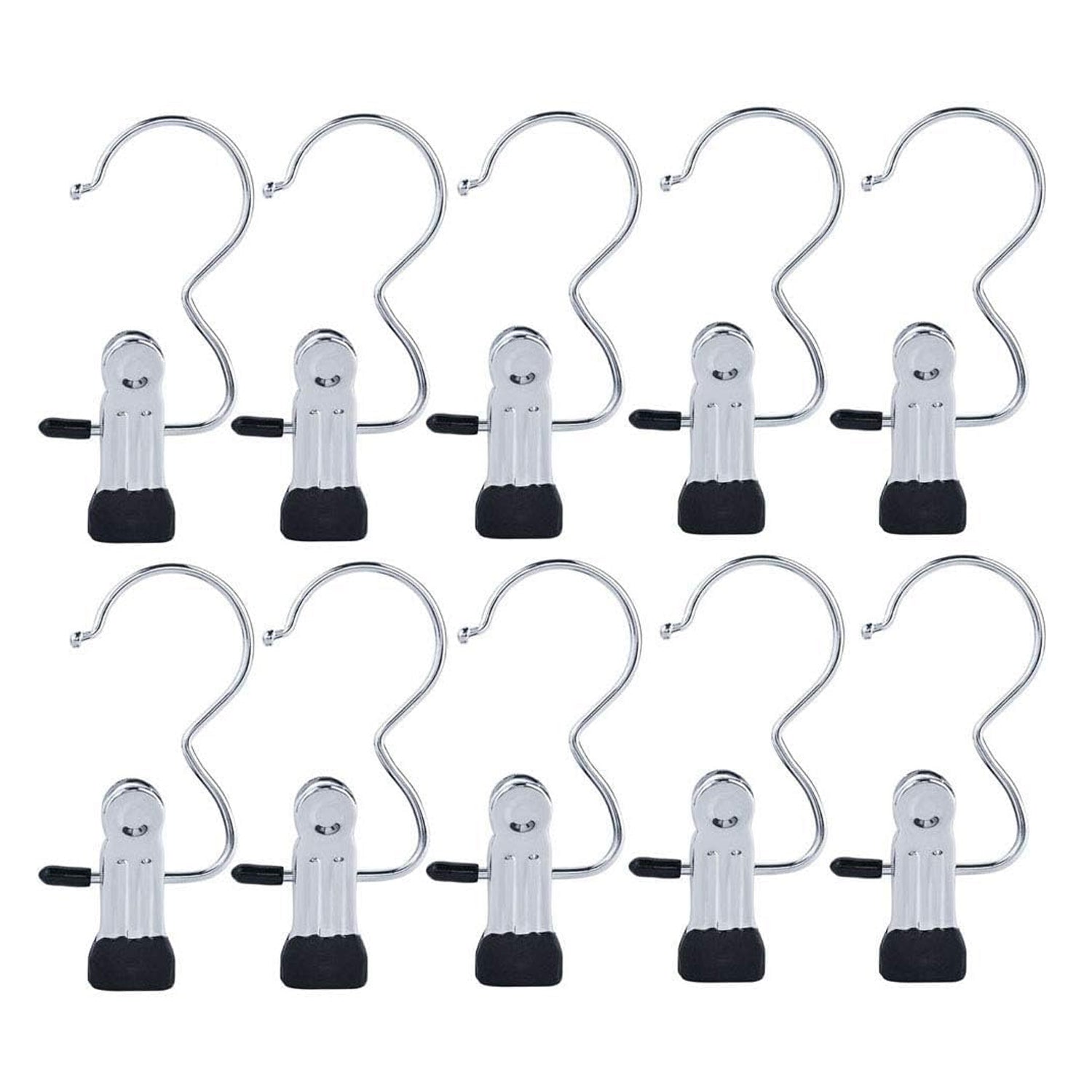 Ten metal clip holder hooks on white background