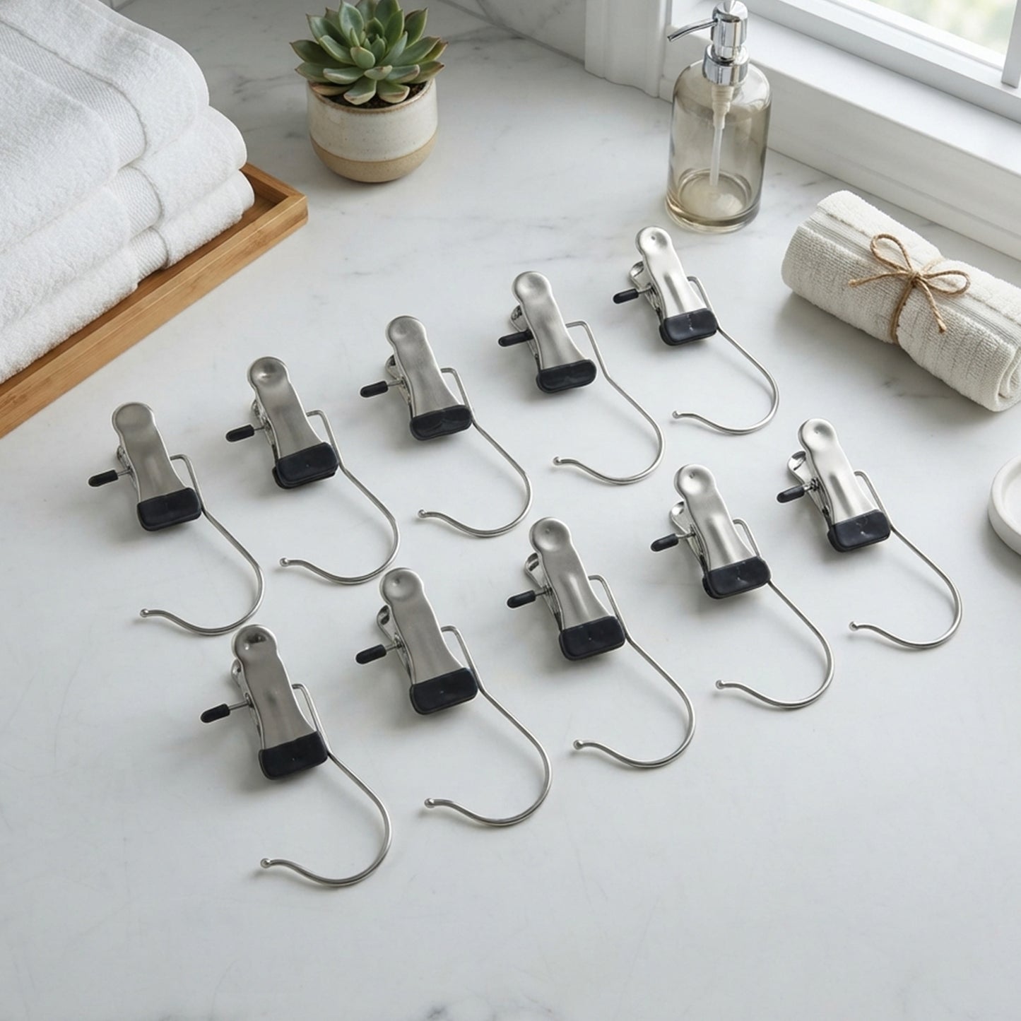 Metal clip hanger hooks arranged on table
