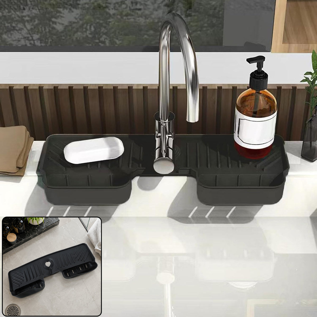 Faucet splash guard mat installed around kitchen sink