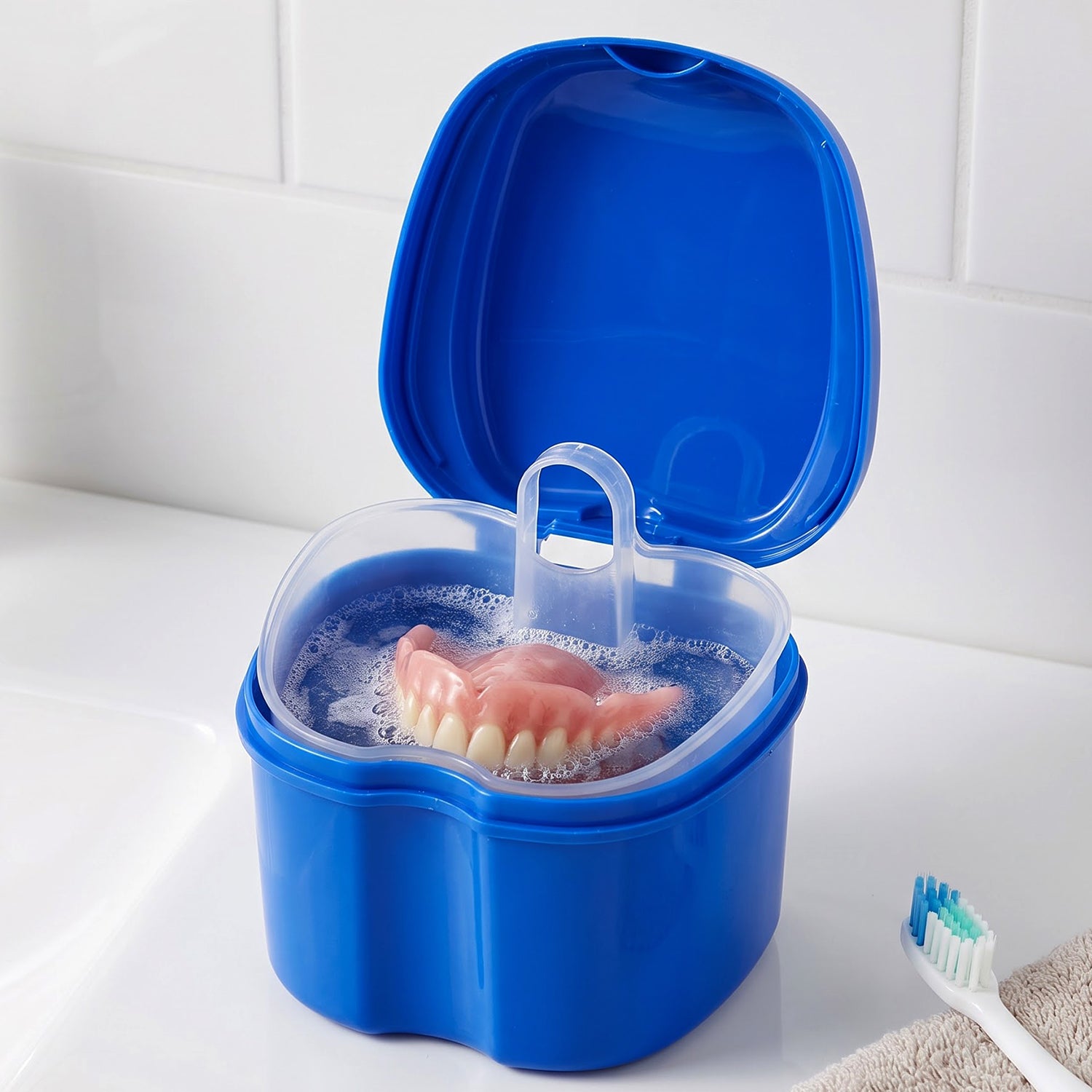Denture bath cleaning cup with removable strainer basket - image 3