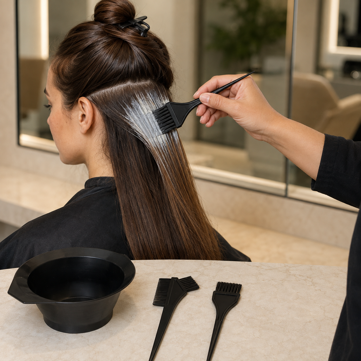 A person applying hair dye to another person's long brown hair using a black brush in a salon setting.