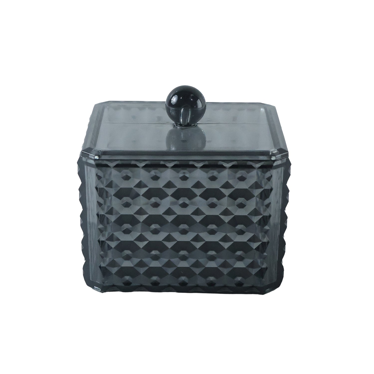Plastic cotton swab box on white background