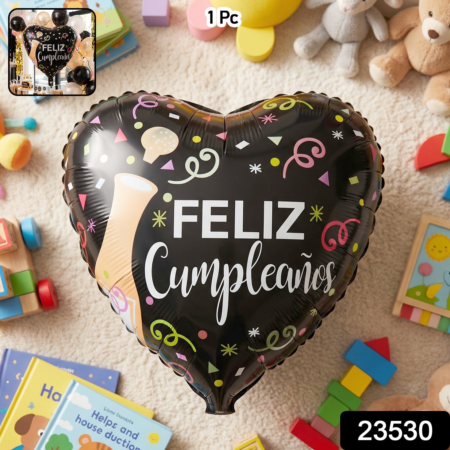 Close-up of Black Heart Feliz Cumpleaños foil balloon